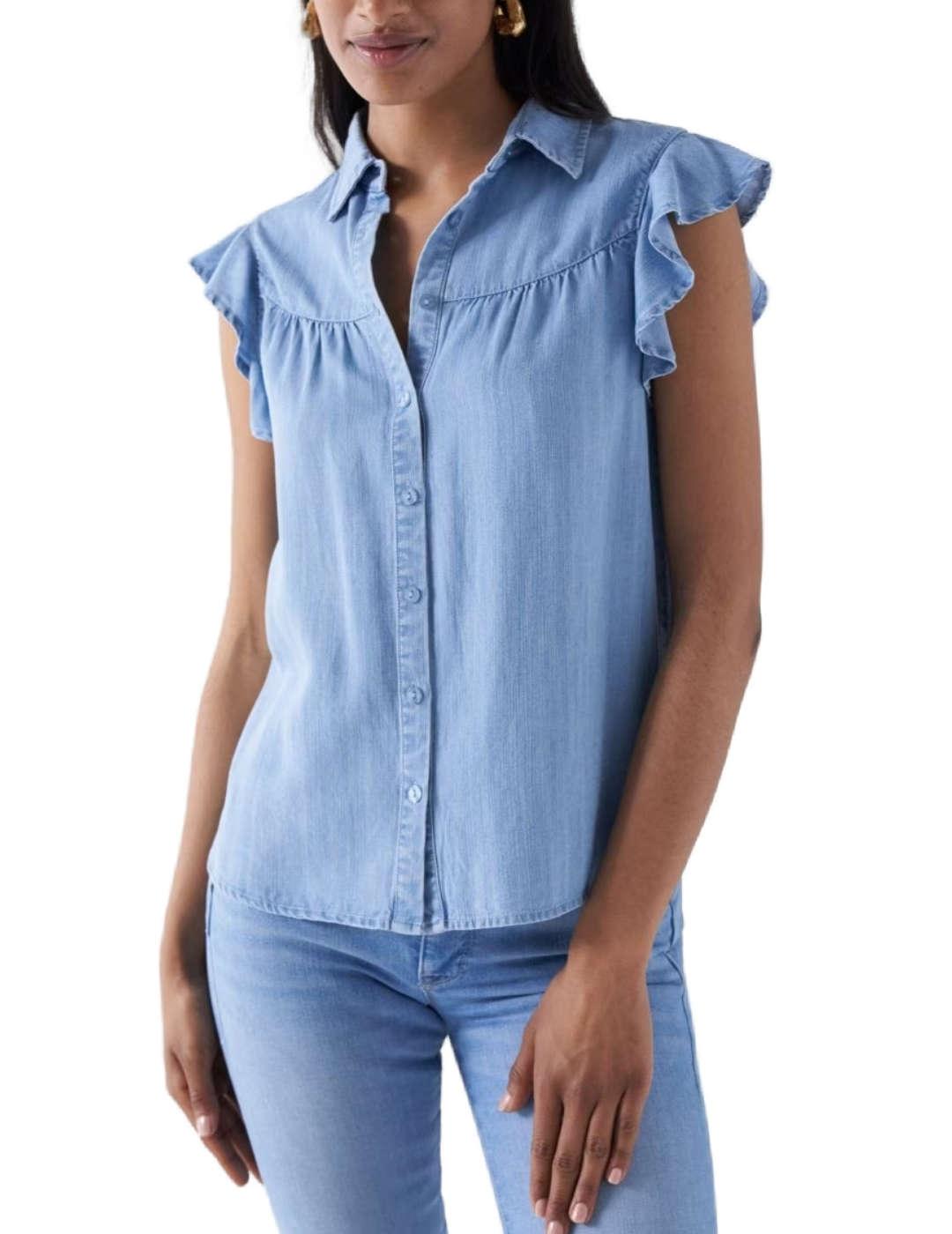 Blusa Salsa denim azul volantes manga sisa de mujer