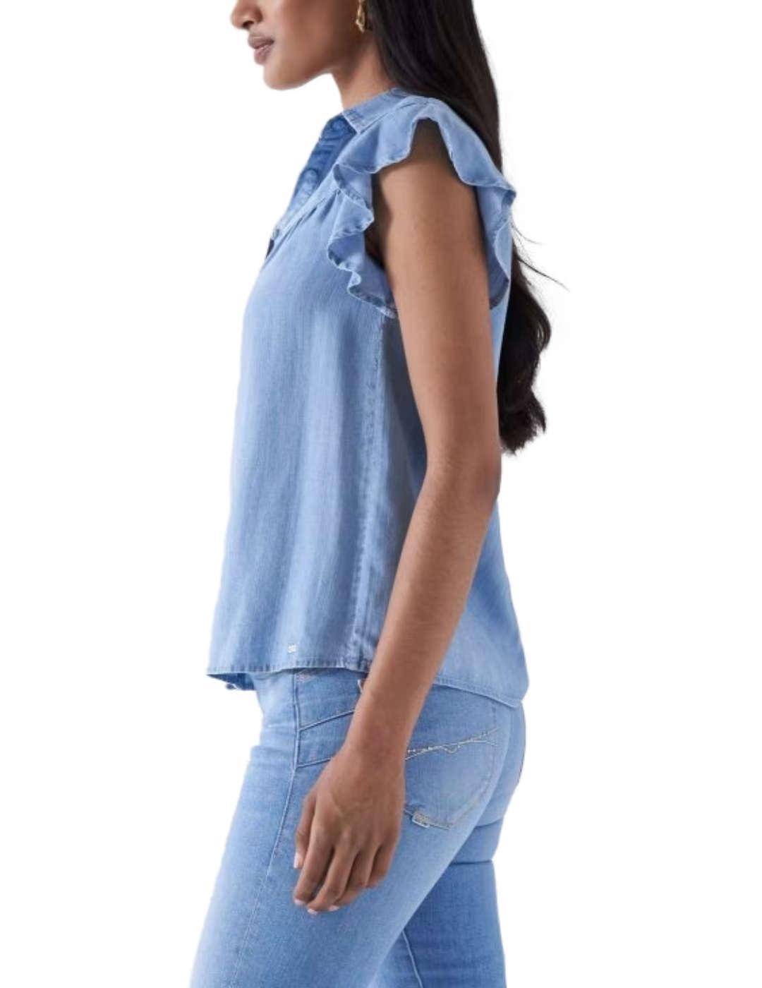 Blusa Salsa denim azul volantes manga sisa de mujer