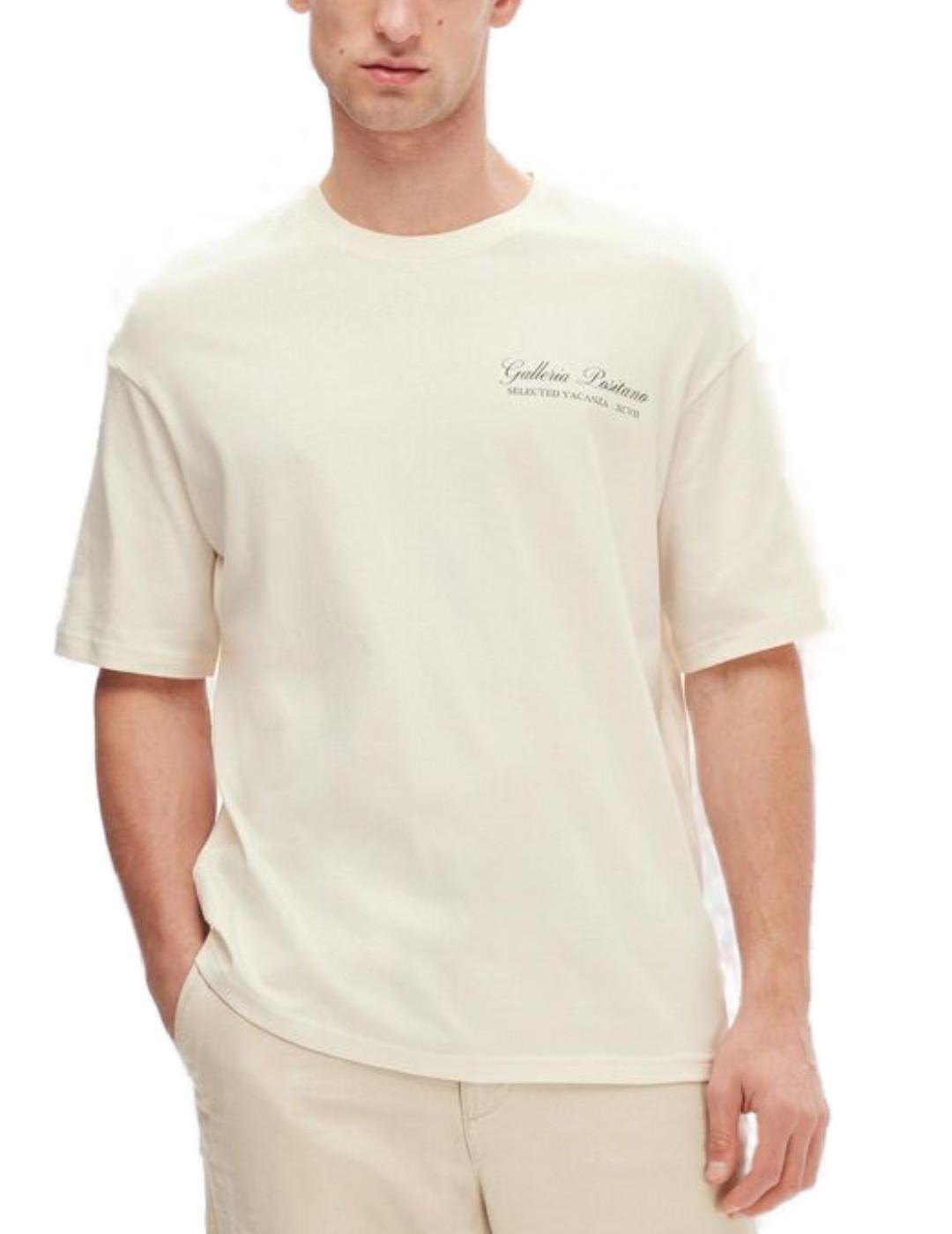 Camiseta Selected Loose beige manga corta para hombre