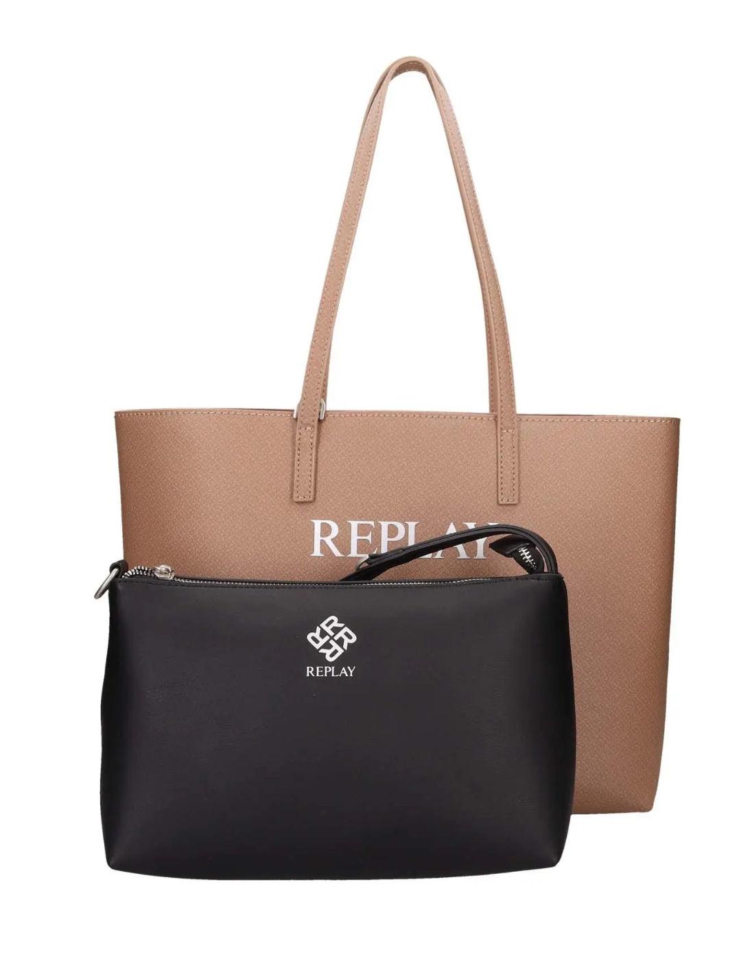 Bolso tote Replay beige reversible con asas para mujer