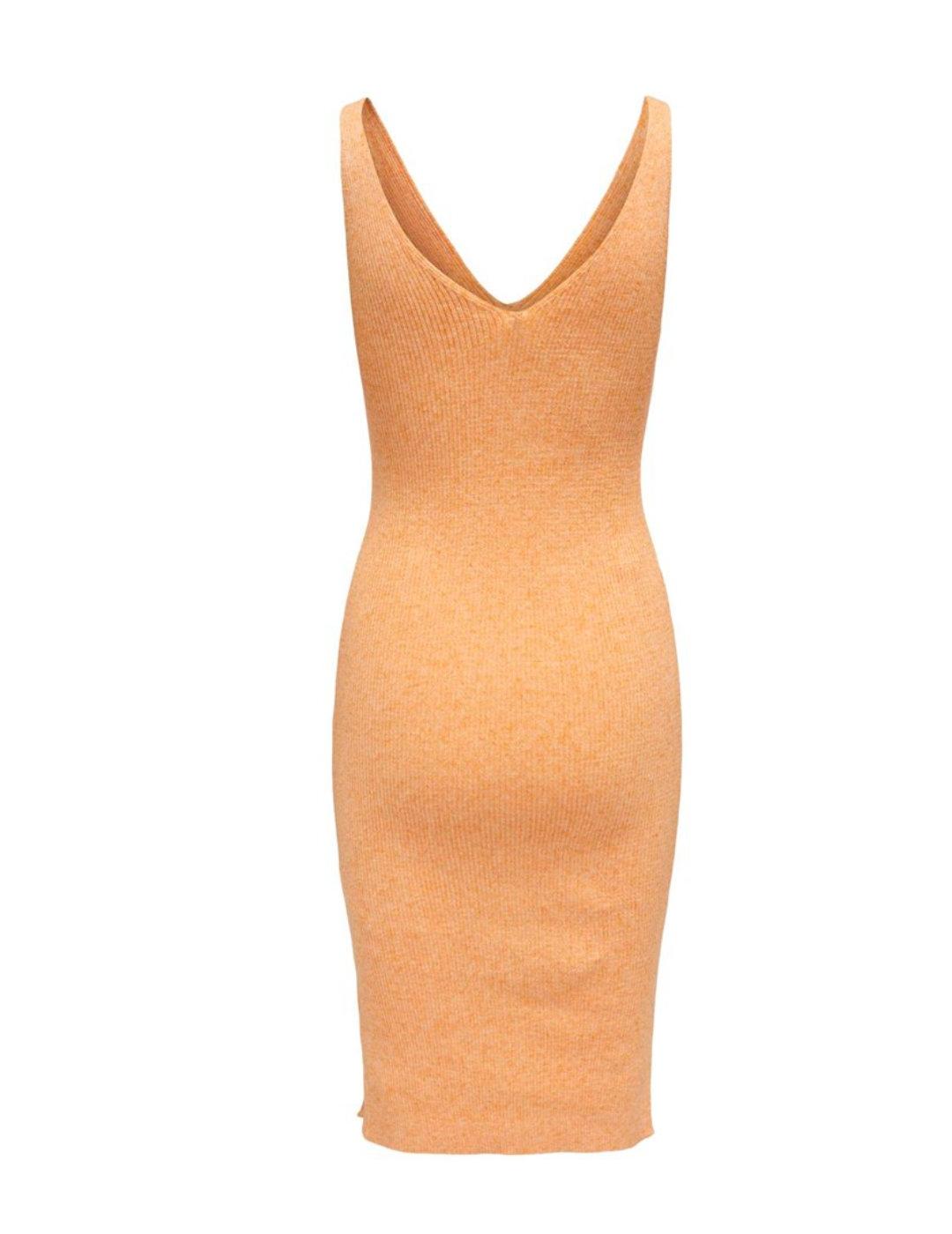 Vestido Only Lina midi naranja canalé escote pico de mujer