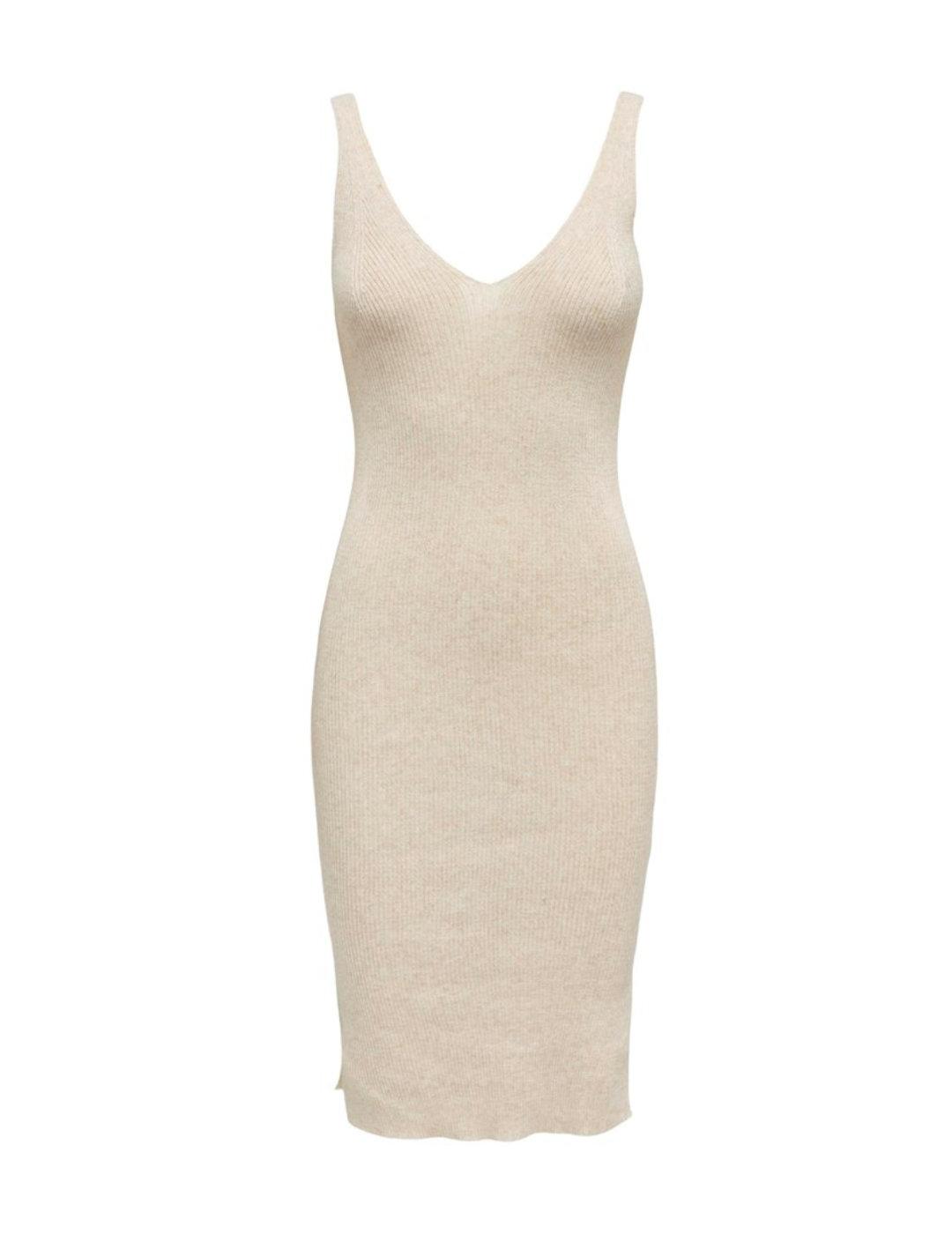 Vestido Only Lina midi beige canalé cuello pico para mujer