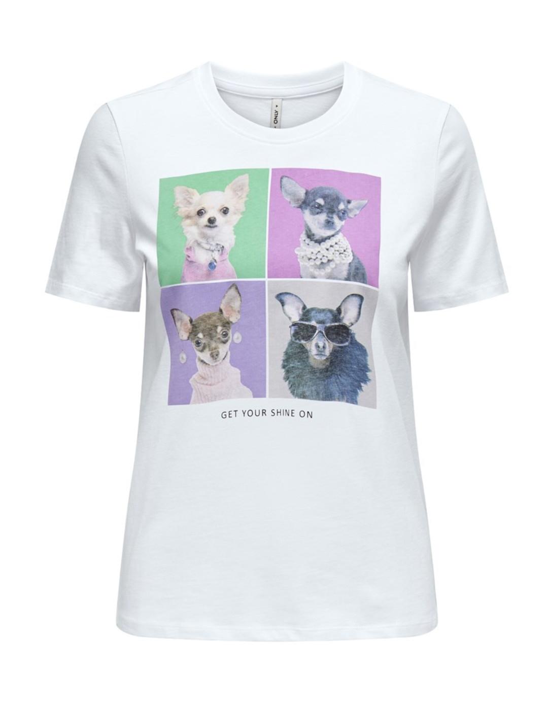 Camiseta Only Dorte blanco perros manga corta para mujer