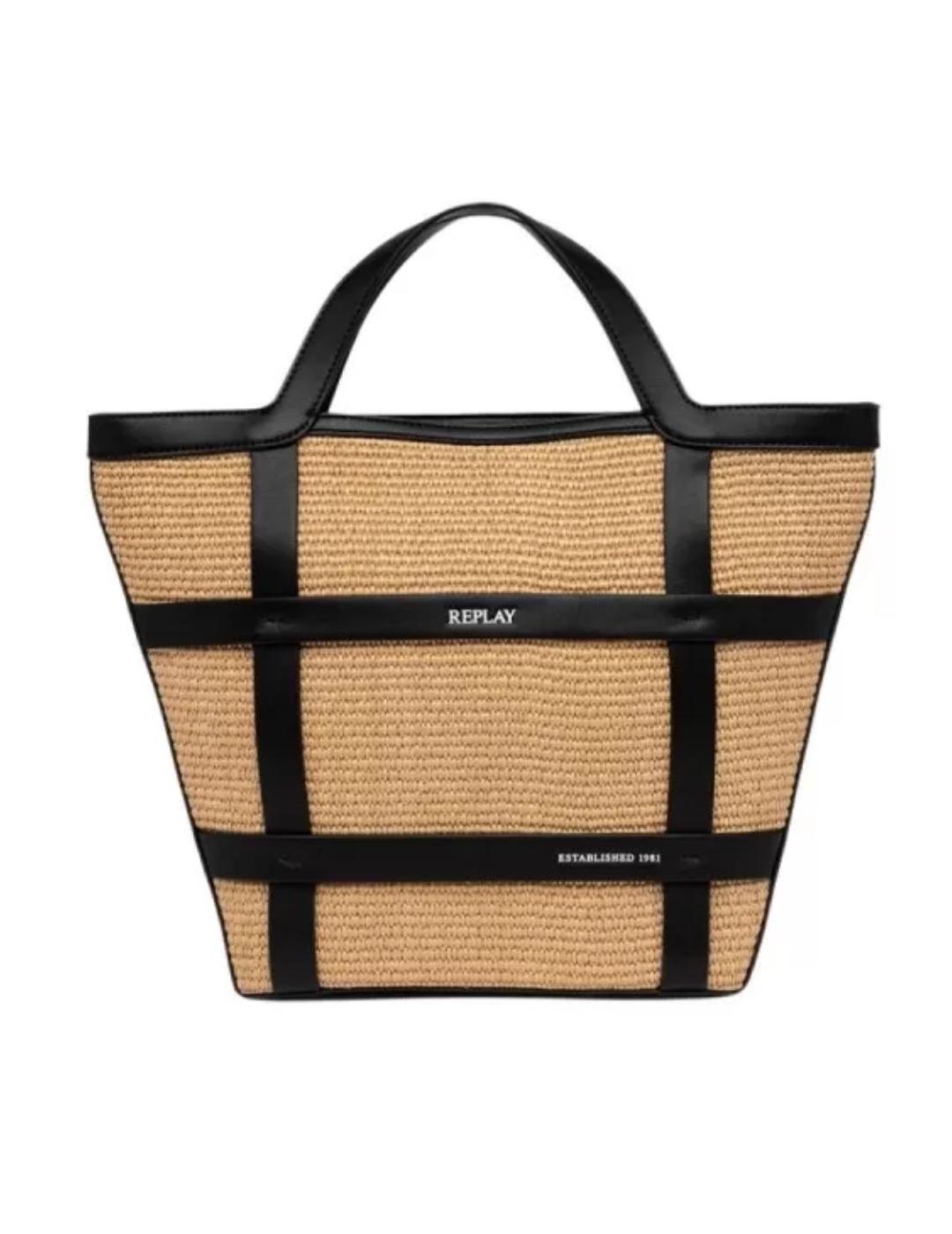 Bolso Replay tote rafia y negro mediano de mujer