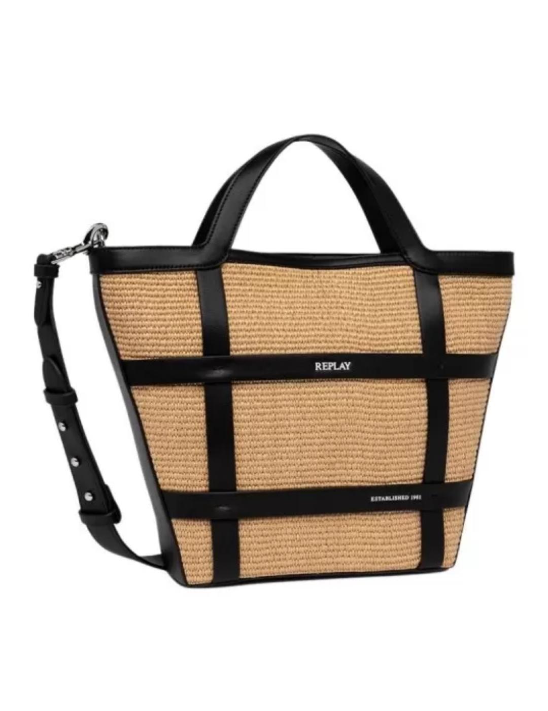 Bolso Replay tote rafia y negro mediano de mujer