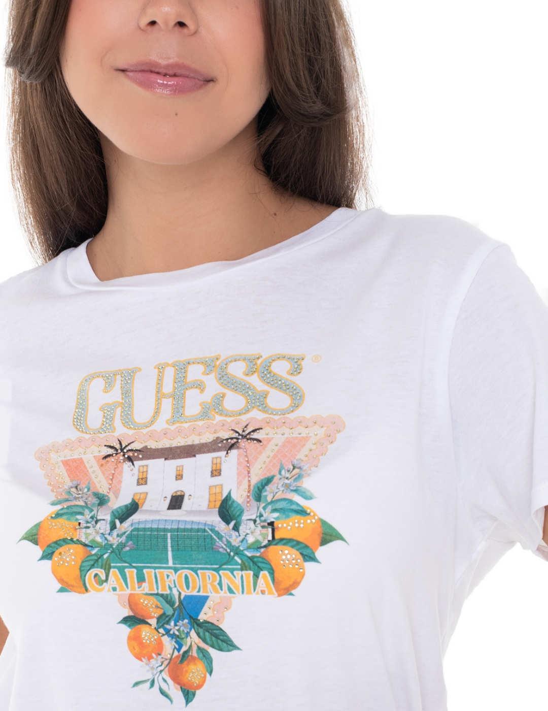 Camiseta Guess Mansion logo blanca manga corta para mujer