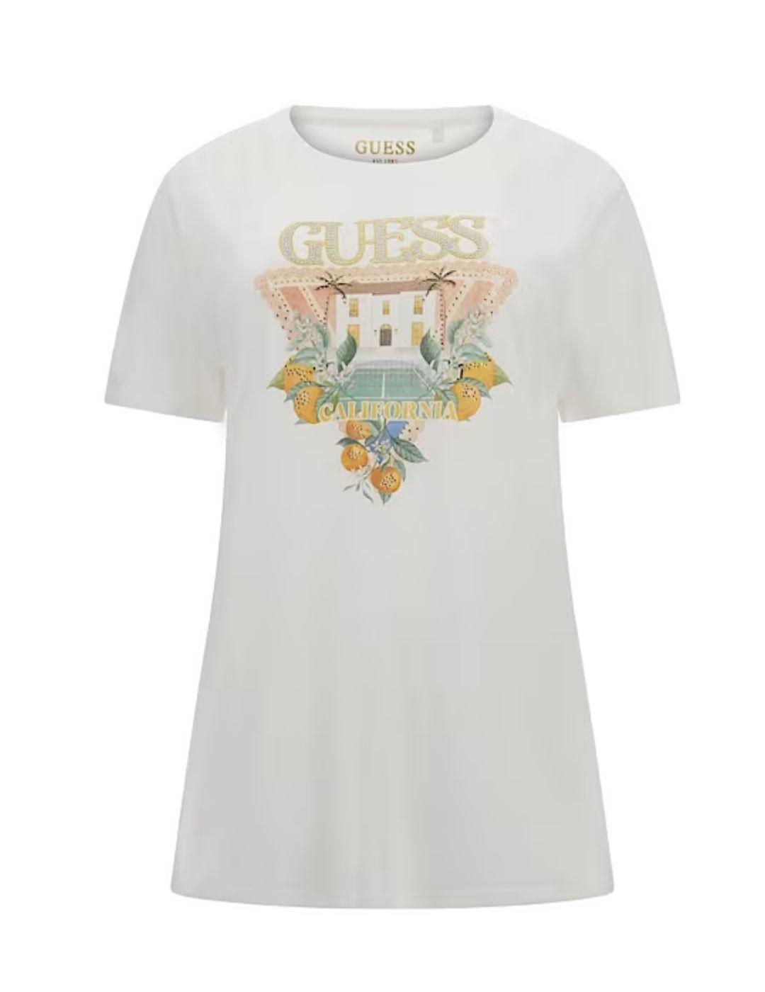 Camiseta Guess Mansion logo blanca manga corta para mujer