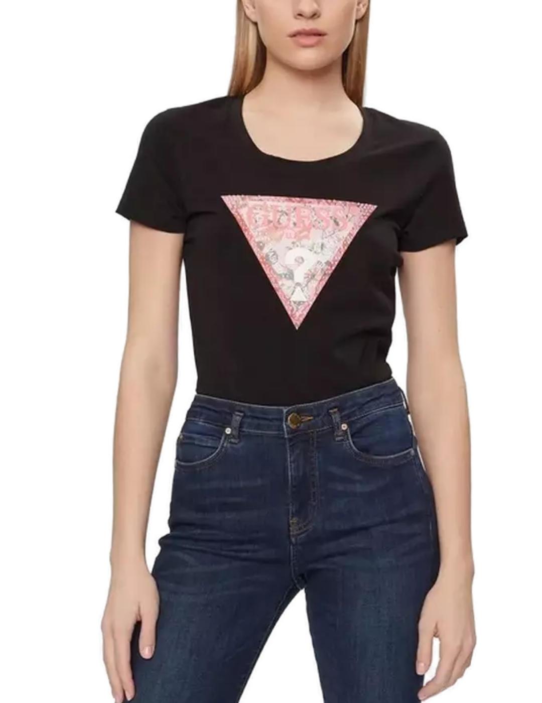 Camiseta Guess Satin trangle negro manga corta para mujer