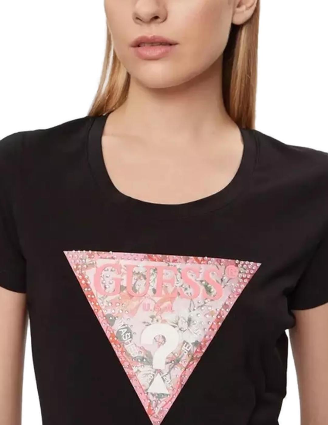 Camiseta Guess Satin trangle negro manga corta para mujer