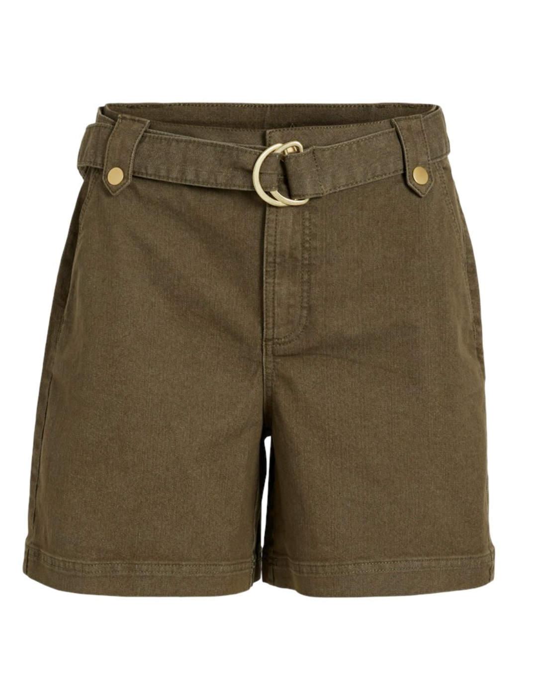 Short Vila Ola verde oscuro regular con cinturón para mujer