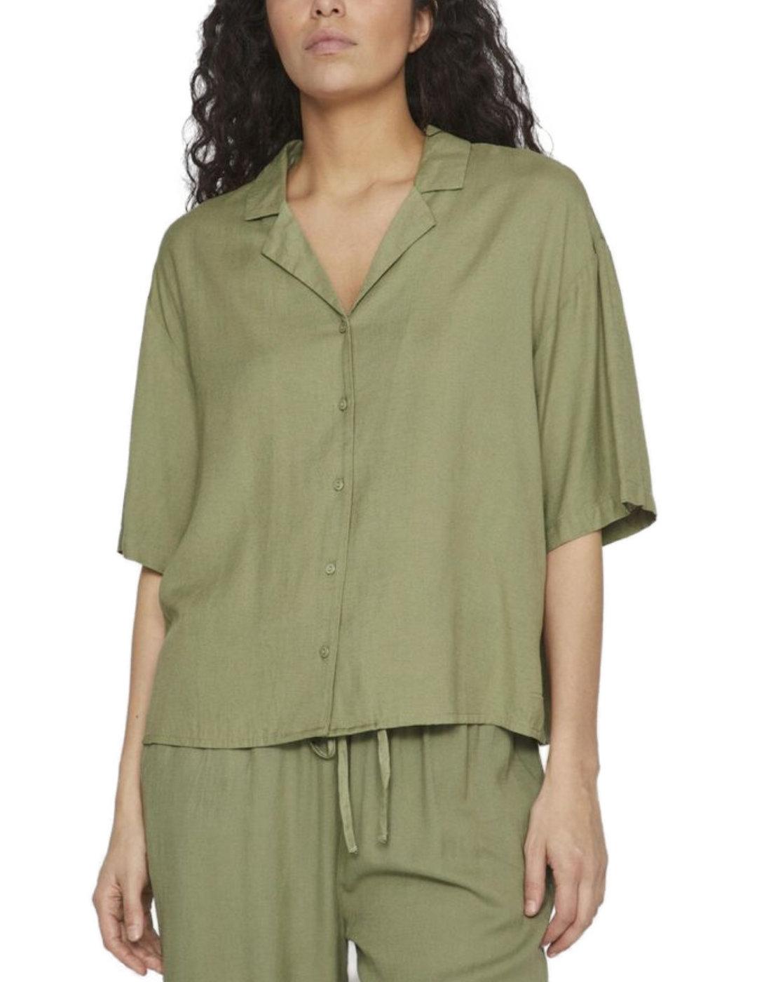Camisa Vila Pricil verde manga corta de lino para mujer