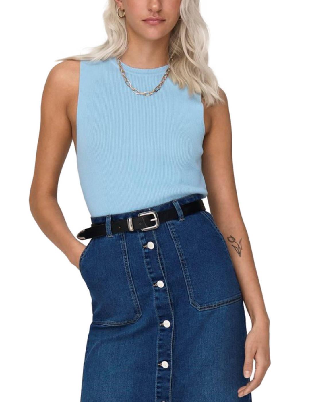 Top de canalé Only Majli azul celeste manga sisa para mujer