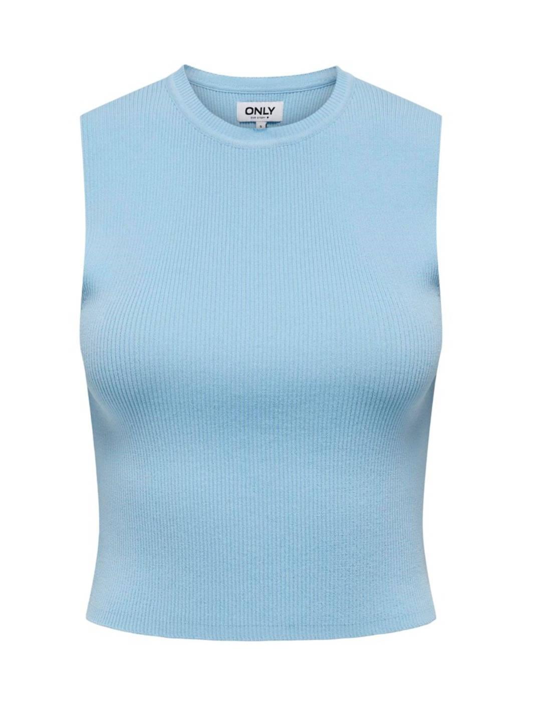 Top de canalé Only Majli azul celeste manga sisa para mujer