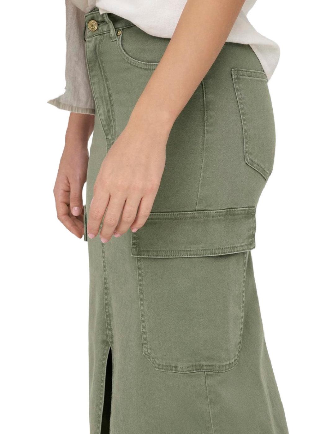 Falda midi Only Lola cargo verde con abertura para mujer