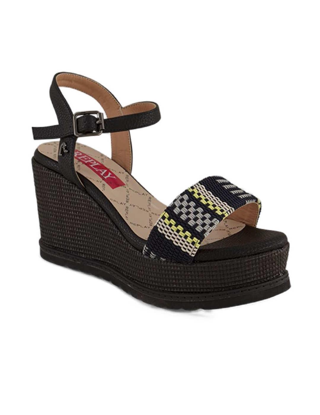 Cuña Replay Shady summer estampado negro esparto mujer