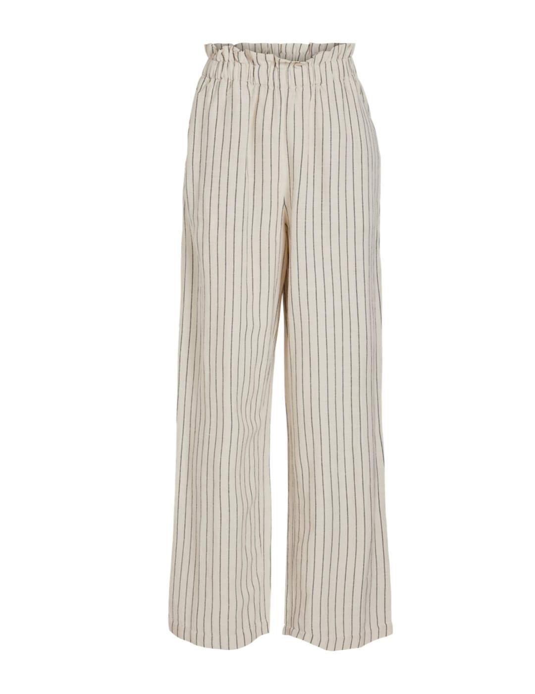 Pantalón de lino Vila Prisilla blanco rayas para mujer
