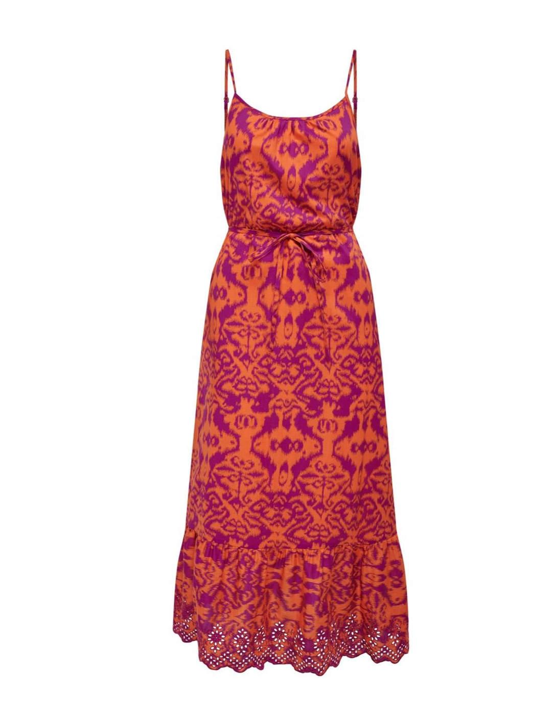 Vestido midi Only Lou largo naranja y morado de mujer