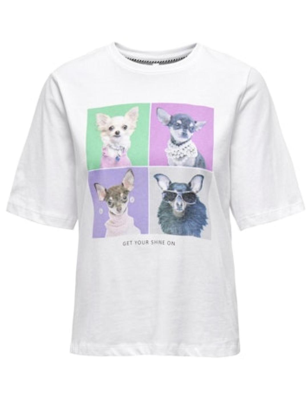 Camiseta Only Dorte blanca perritos manga corta de mujer