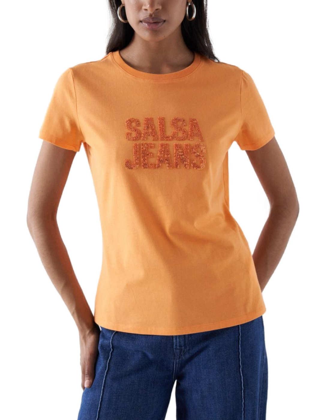 Camiseta Salsa naranja con cuentas manga corta de mujer