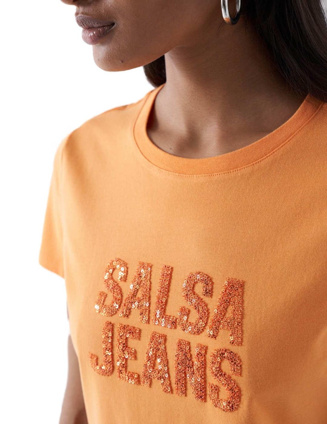 Camiseta Salsa naranja con cuentas manga corta de mujer