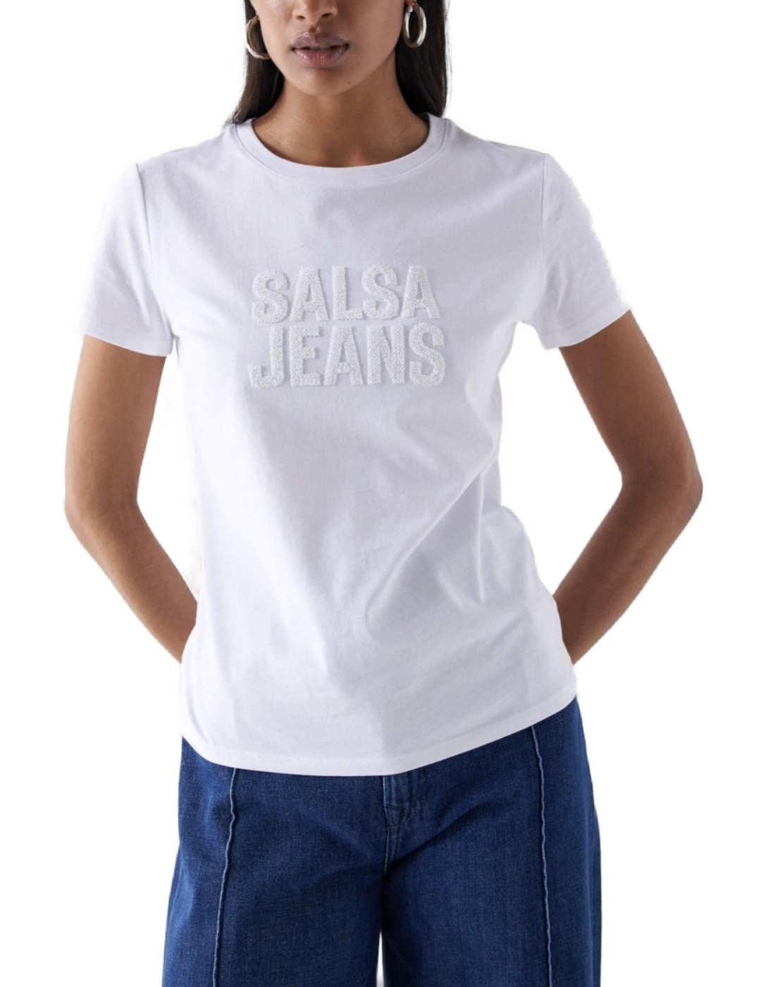 Camiseta Salsa blanca con cuentas manga corta de mujer