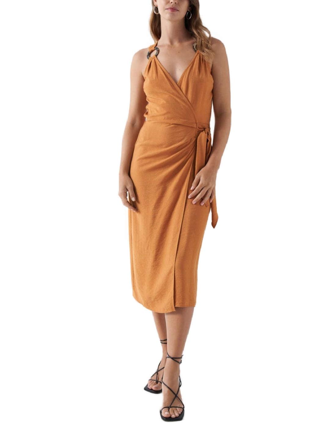 Vestido Salsa color teja cruzado midi para mujer