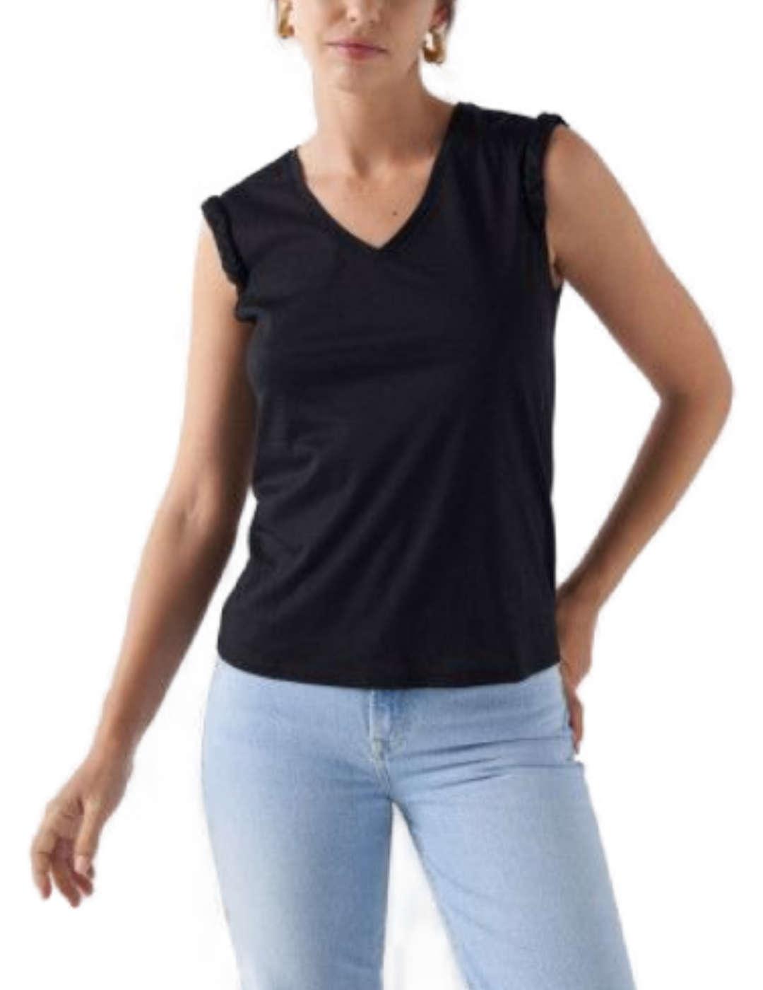 Camiseta Salsa negra manga corta trenzado de mujer
