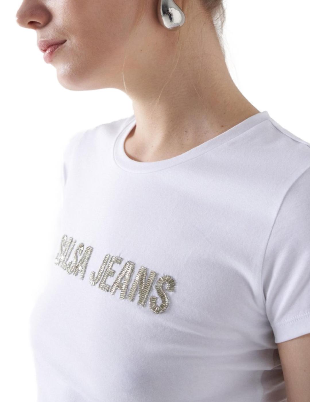 Camiseta Salsa blanca con abalorios de manga corta mujer