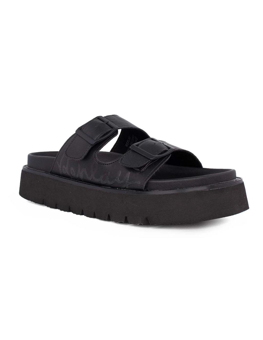 Sandalia Replay Muddy Shiny negra suela track para mujer