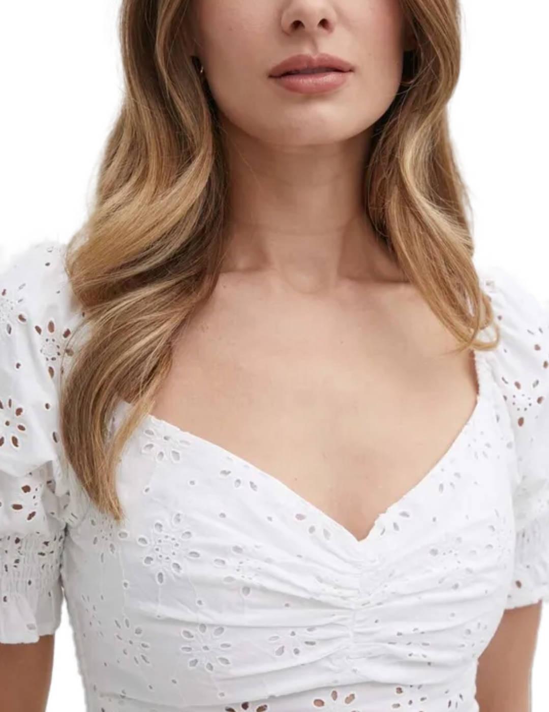 Top Guess Palma blanco troquelado manga corta para mujer