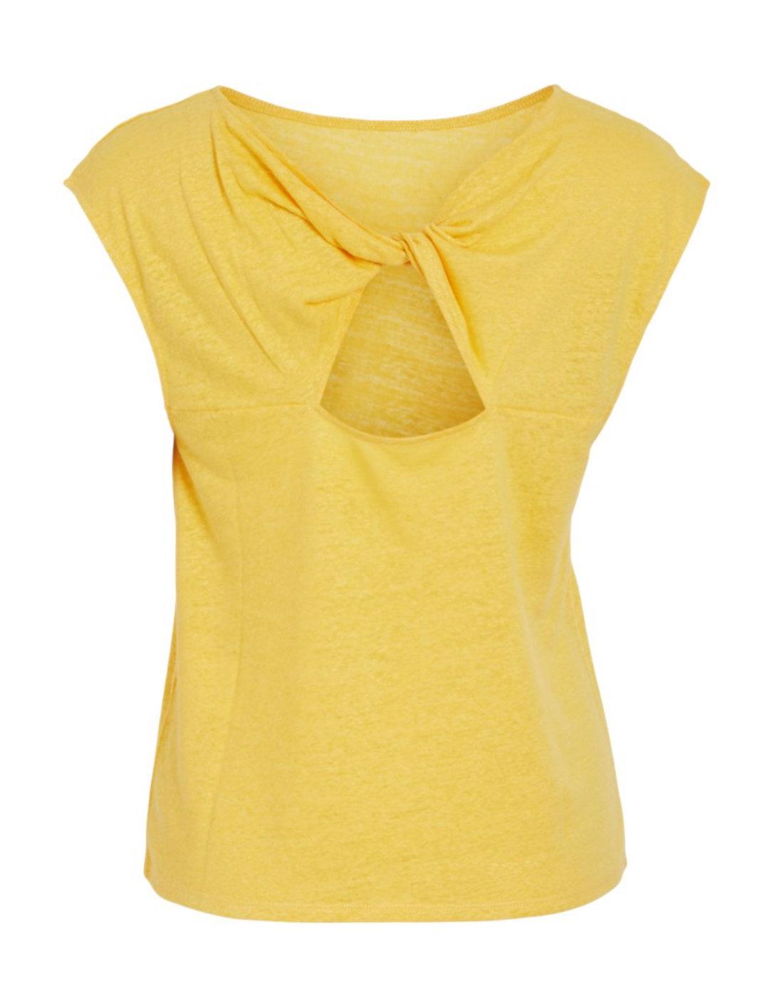Camiseta Vila Fiara amarilla de lino manga corta para mujer