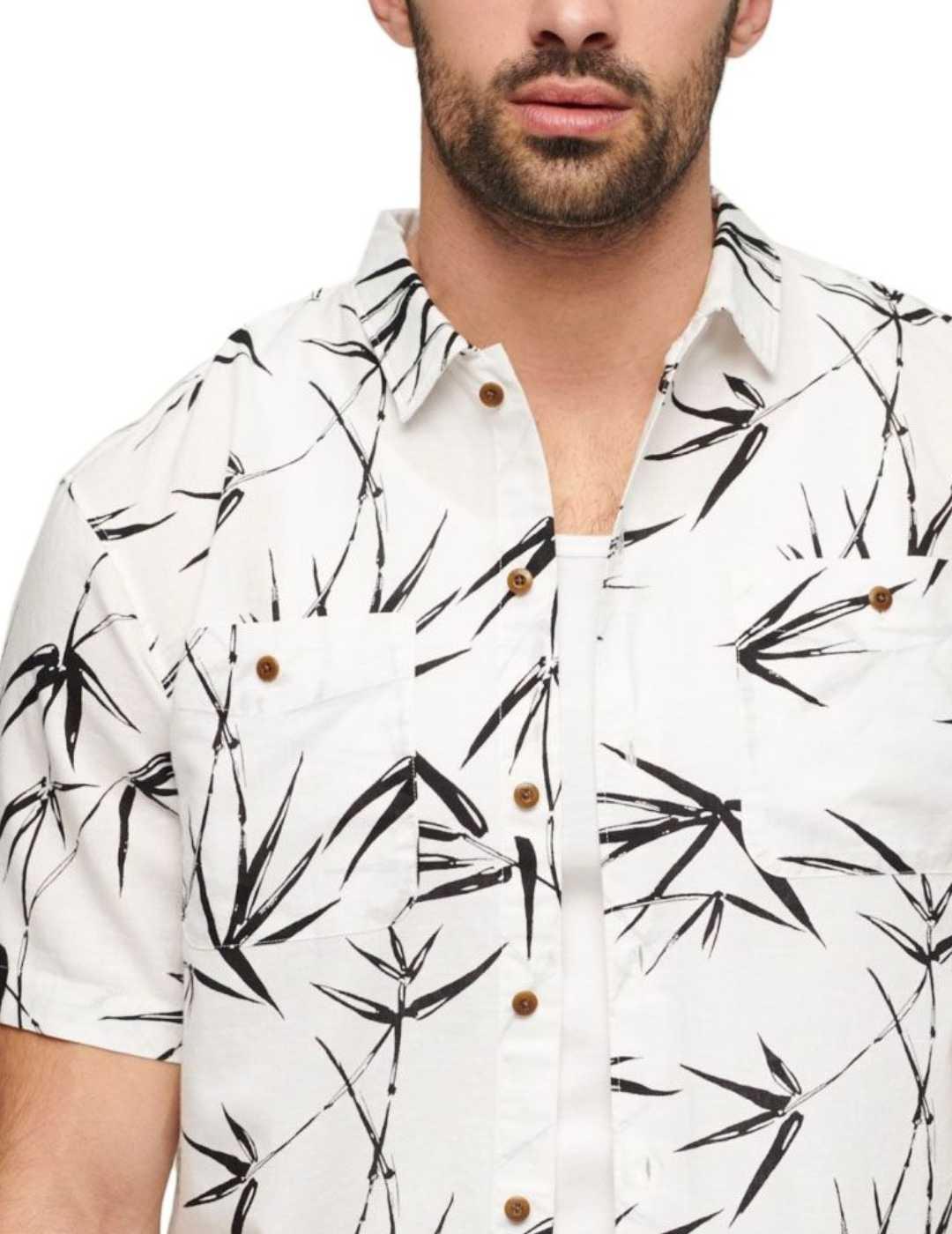 Camisa Superdry beach blanca negra manga corta de hombre