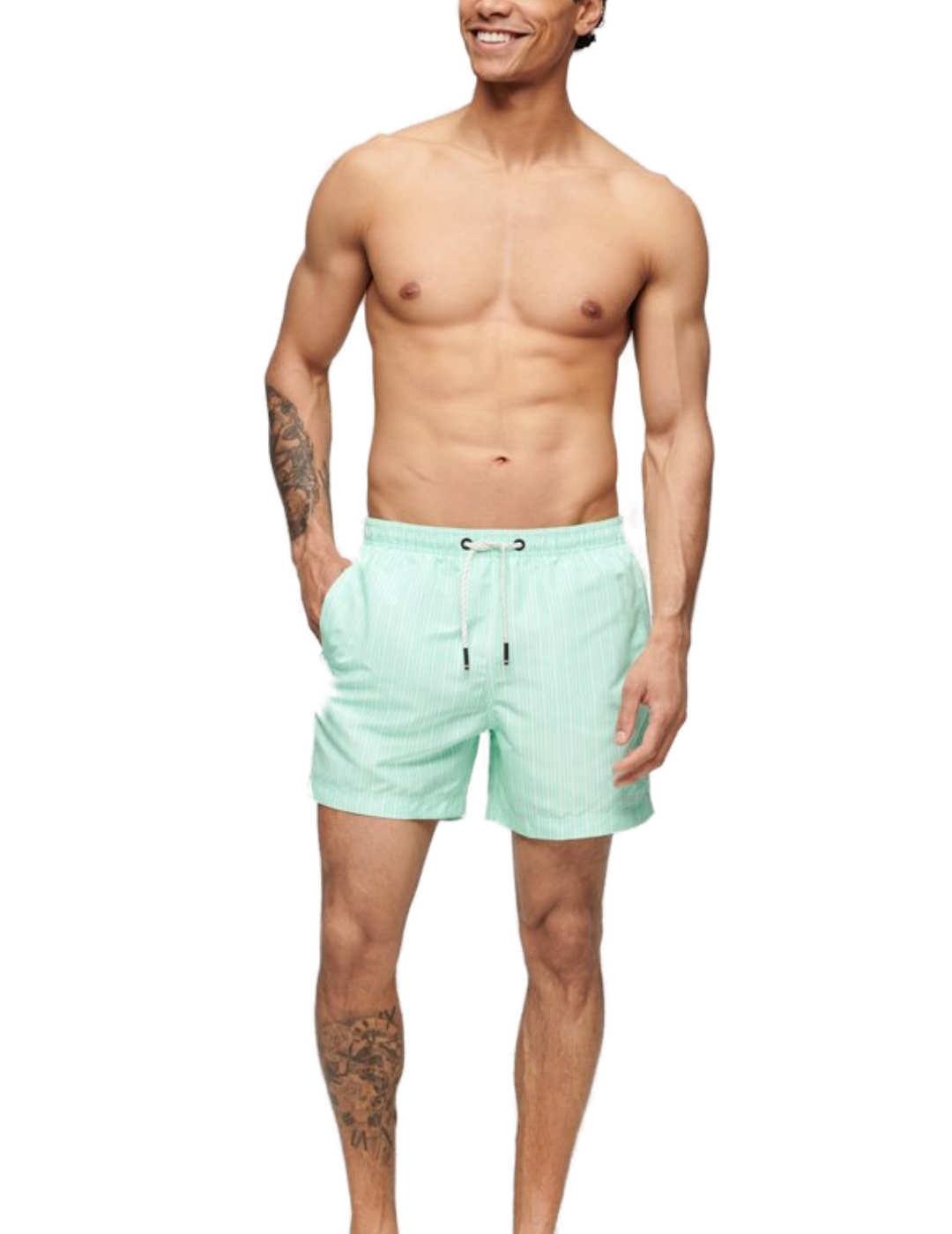 Bañador Superdry verde rayas blancas para hombre