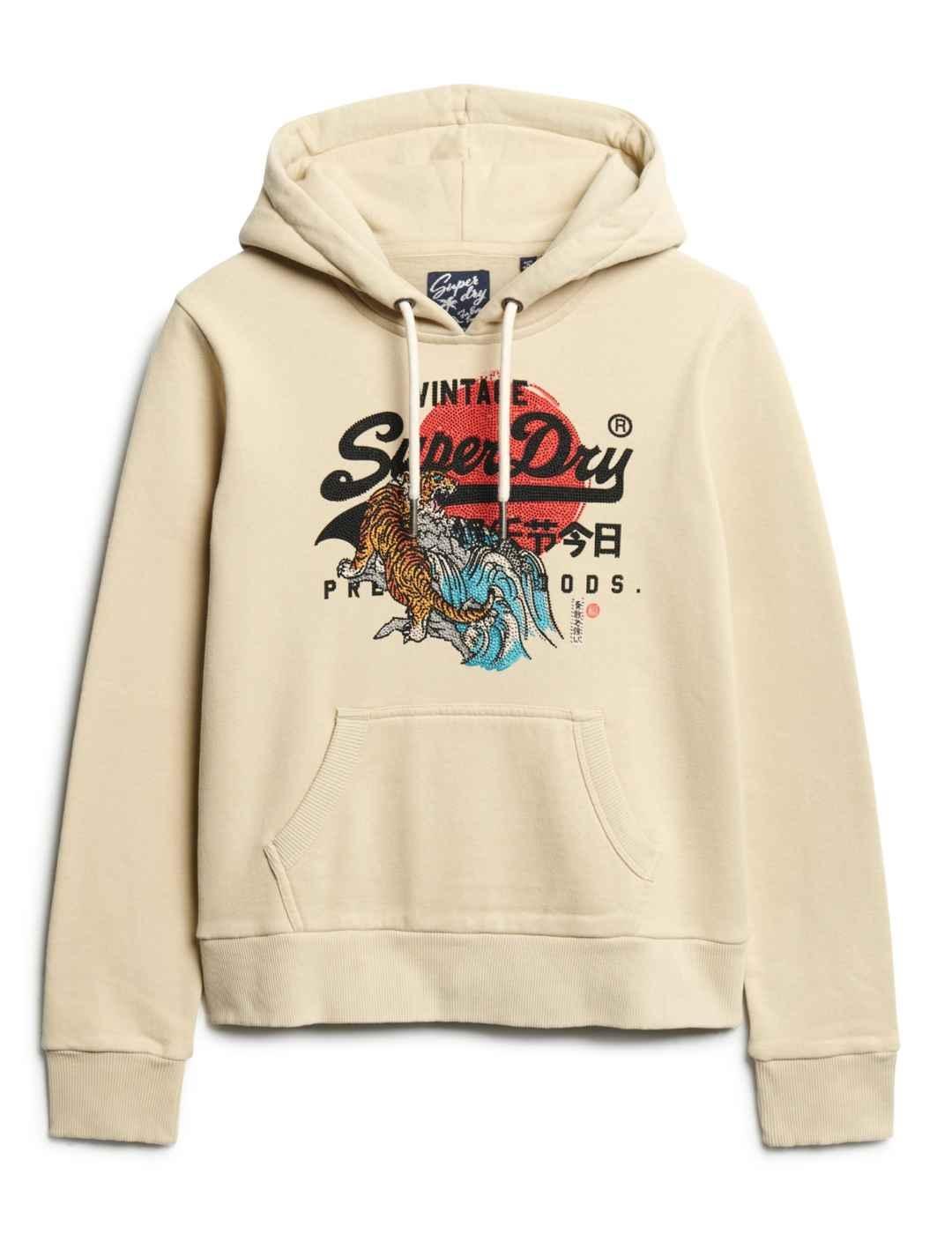 Sudadera Superdry Tokio beige con capucha para mujer