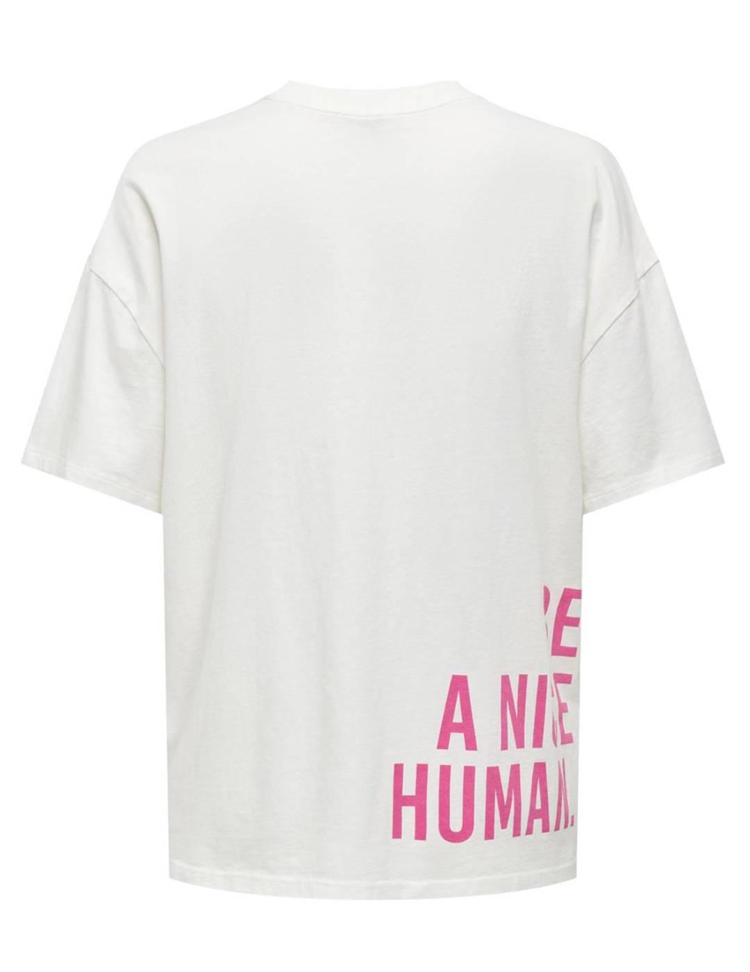 Camiseta Only Rilly blanco letra fucsia manga corta de mujer