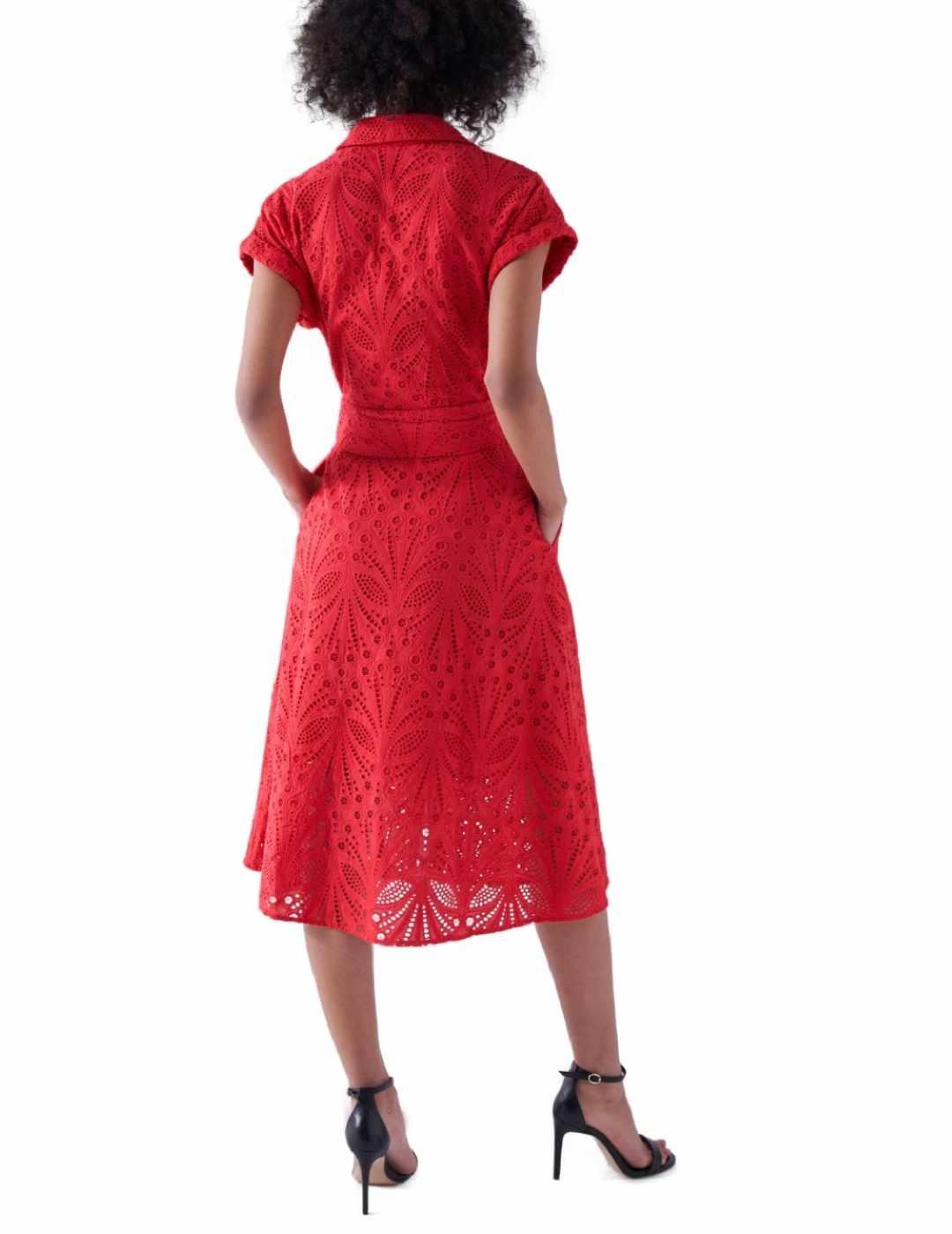 Vestido Salsa rojo troquelado midi manga corta para mujer