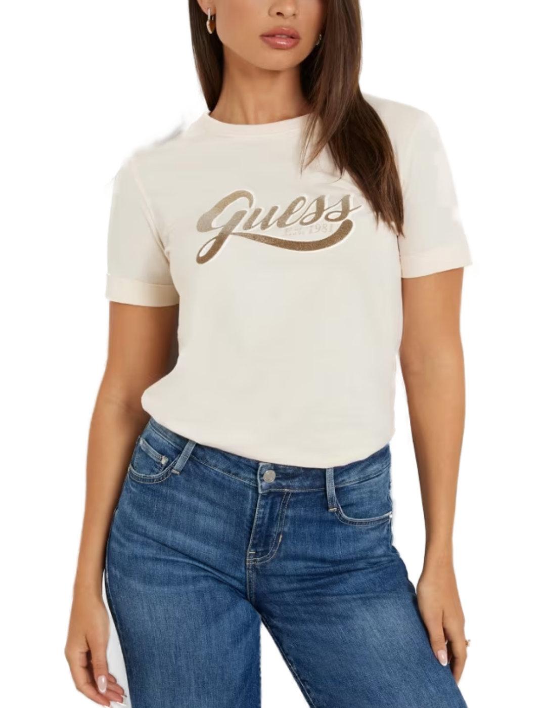 Camiseta Guess Glittery beige manga corta para mujer