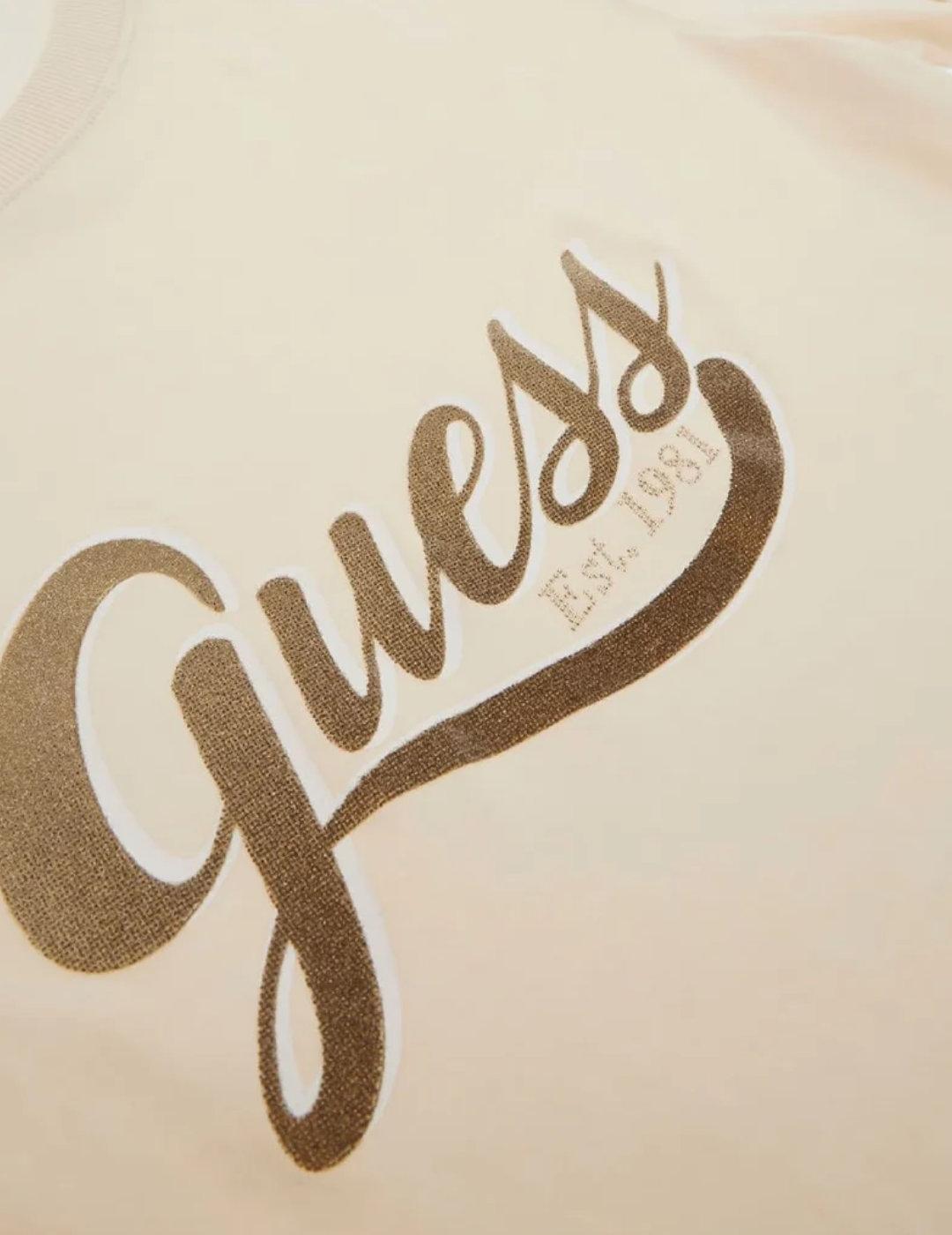 Camiseta Guess Glittery beige manga corta para mujer