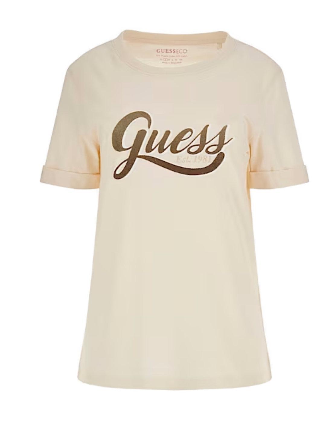 Camiseta Guess Glittery beige manga corta para mujer