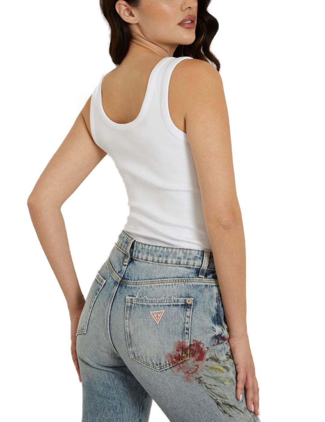 Camiseta Guess Ribbed blanco con tirantes anchos para mujer