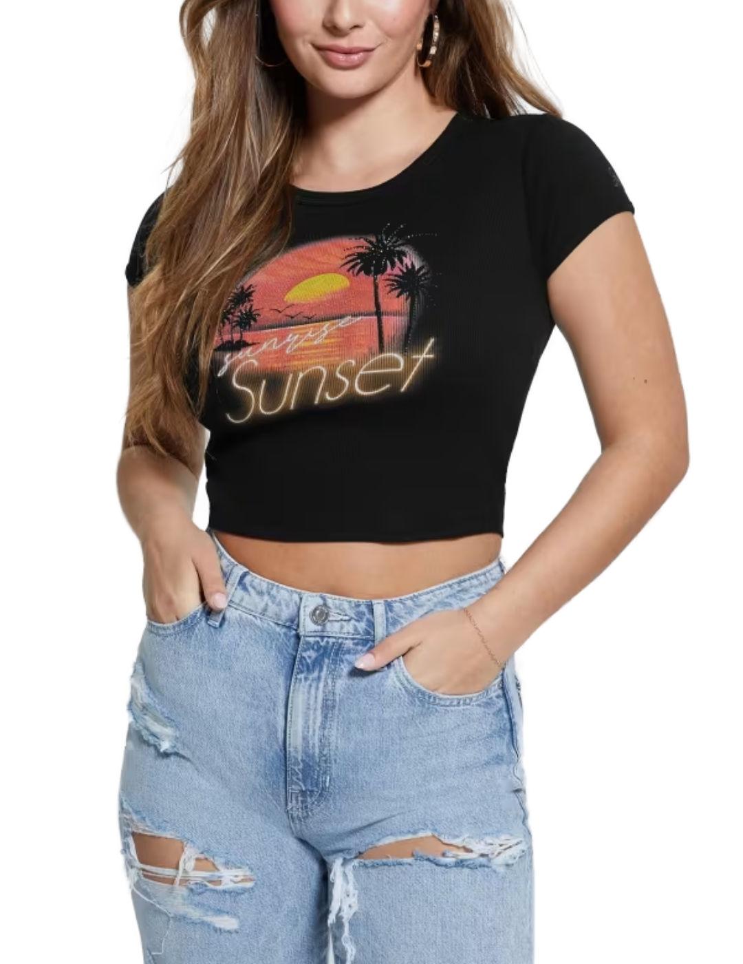 Camiseta crop Guess Suset negro manga sisa para mujer