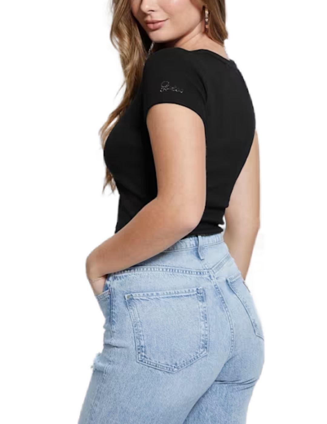 Camiseta crop Guess Suset negro manga sisa para mujer