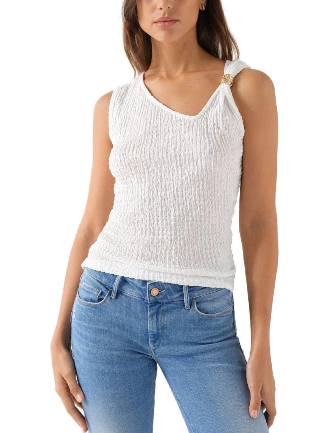 Top Salsa blanco escote asimétrico efecto arrugado de mujer
