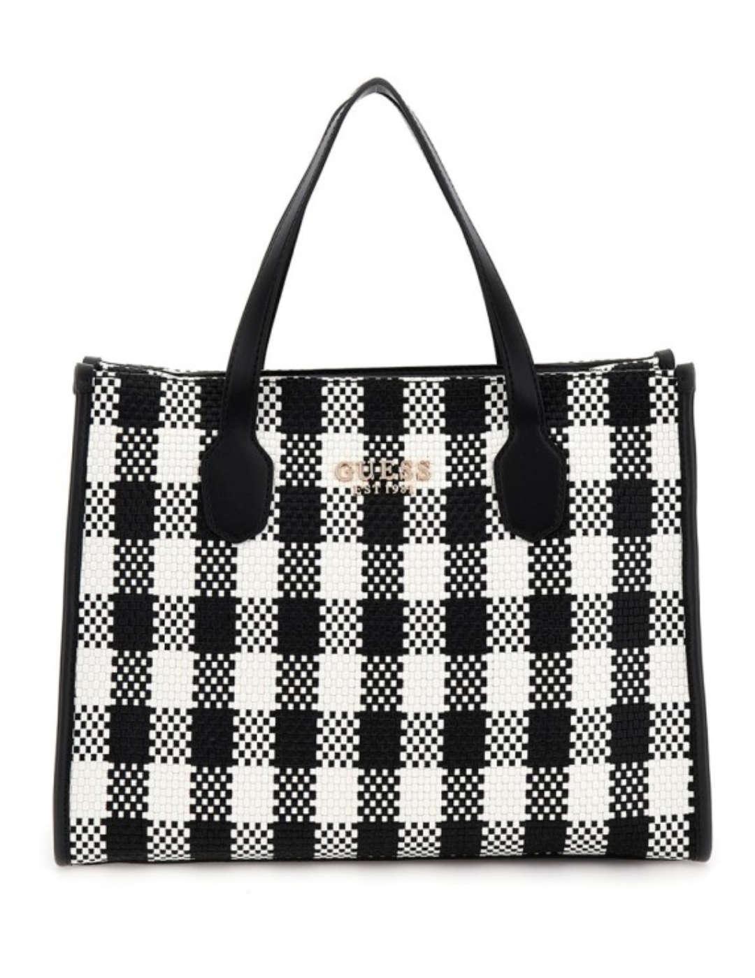 Bolso Guess Silvana tote cuadros blanco y negro para mujer