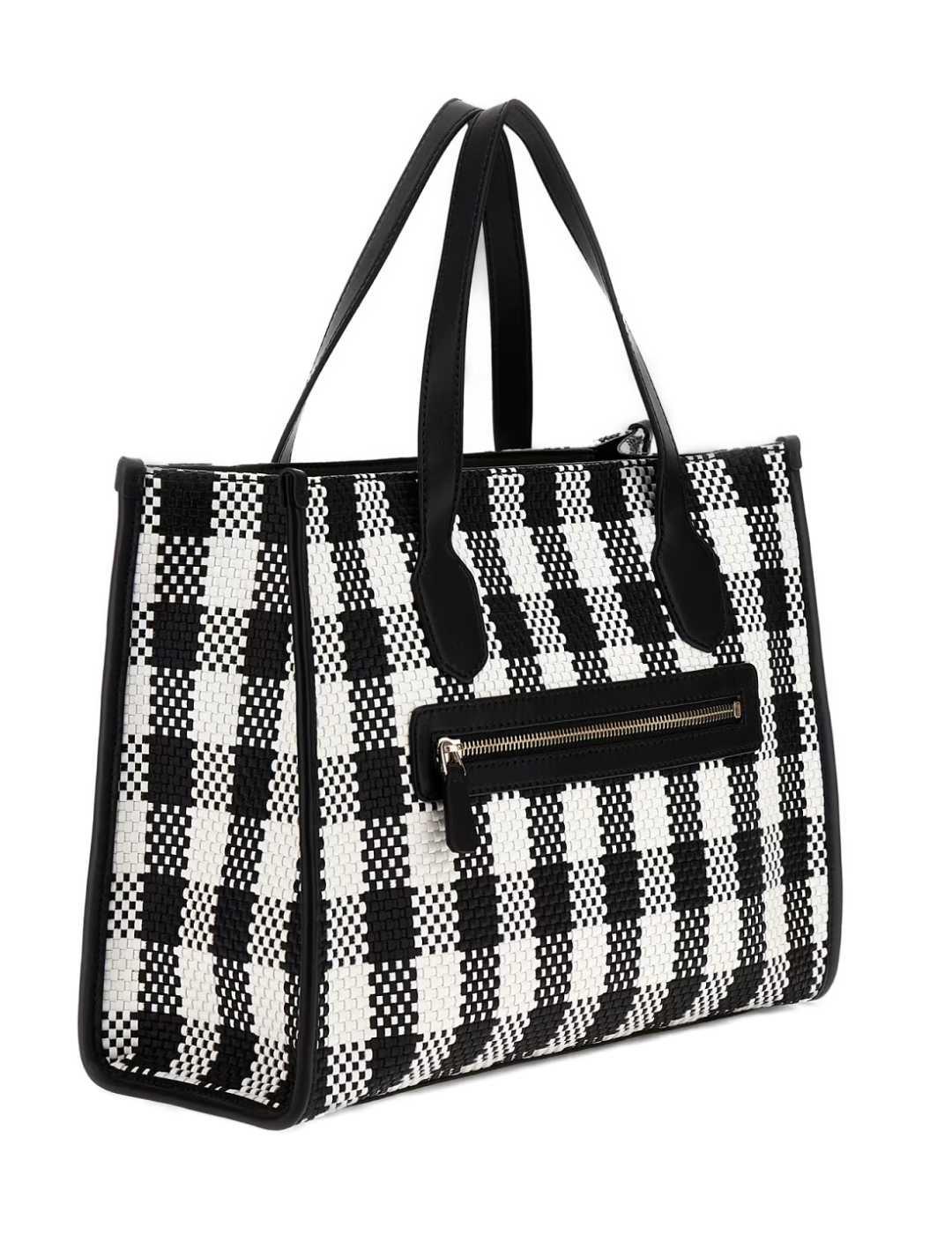 Bolso Guess Silvana tote cuadros blanco y negro para mujer