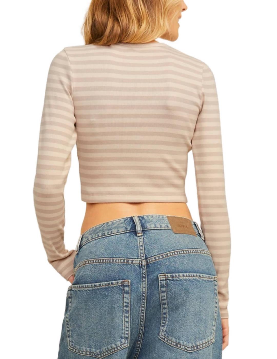 Camiseta crop JJXX Feline beige rayas manga larga para mujer