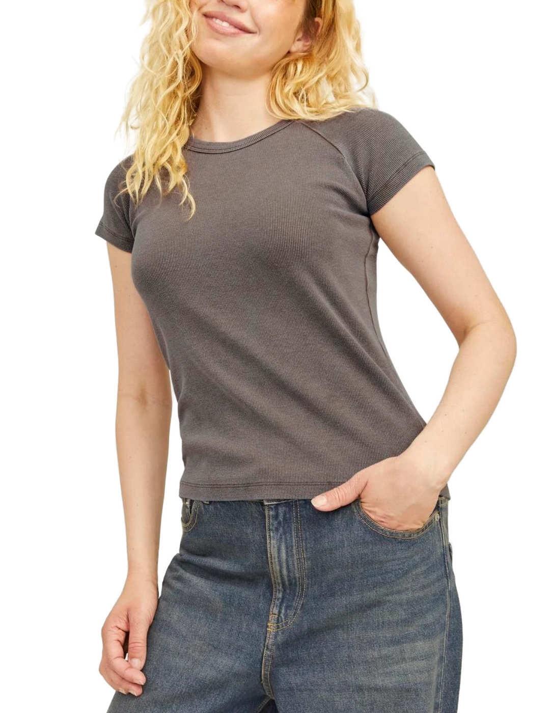 Camiseta de canalé JJXX Friend marrón manga corta para mujer