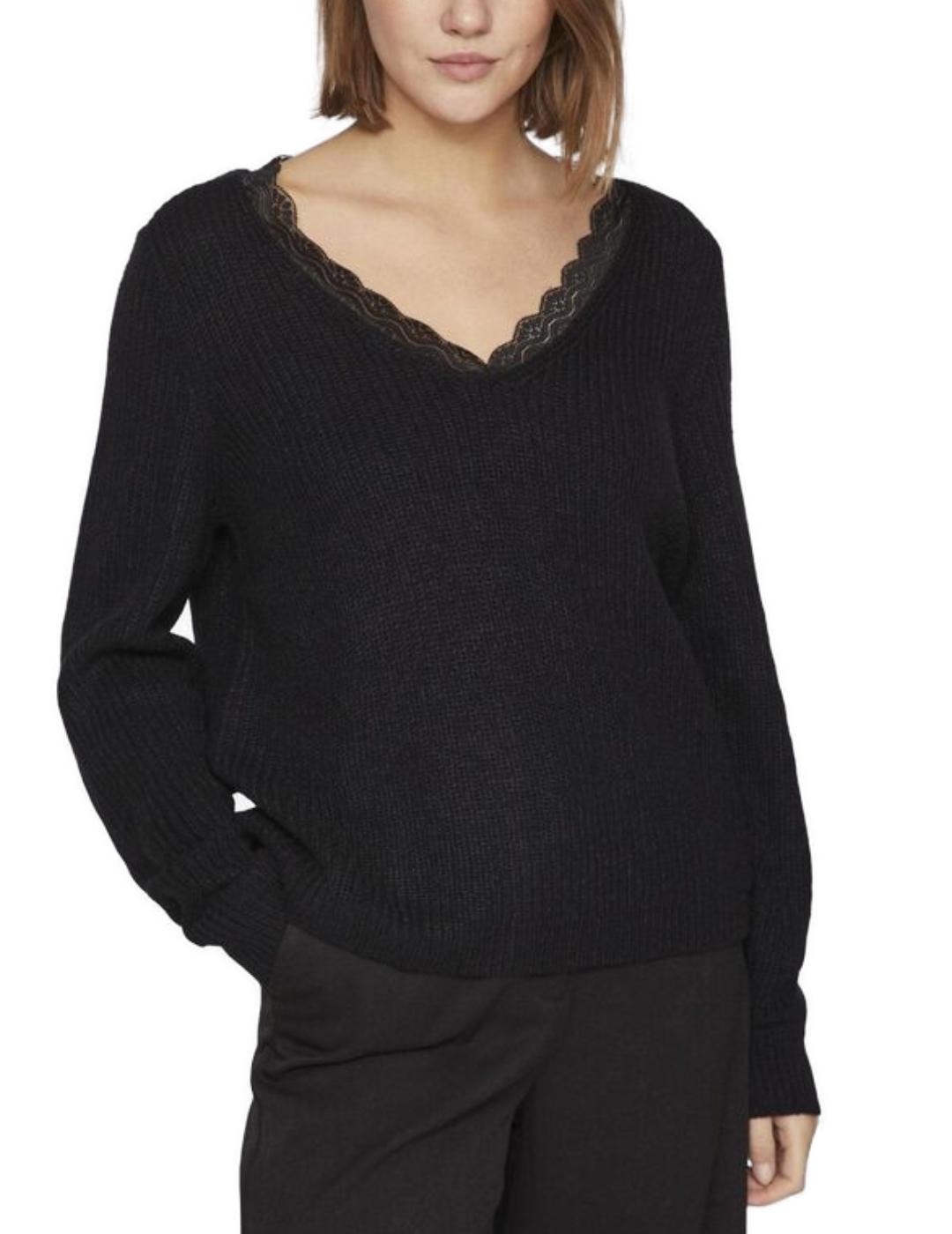 Jersey de punto Vila Lou negro cuello v puntilla para mujer