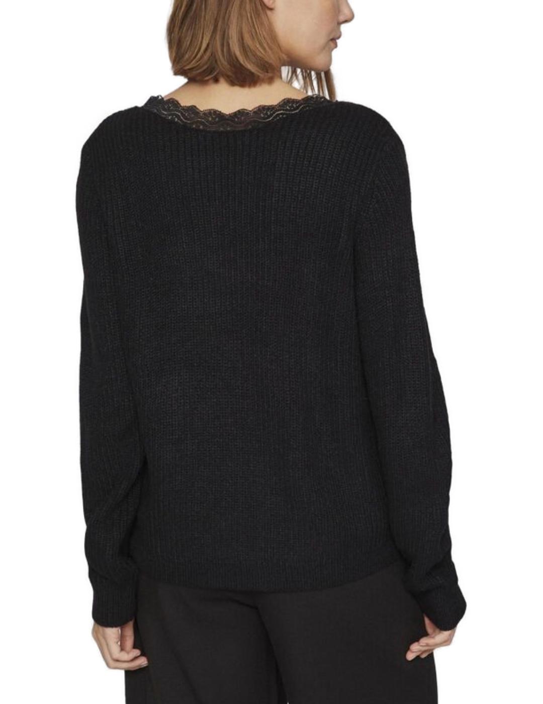 Jersey de punto Vila Lou negro cuello v puntilla para mujer