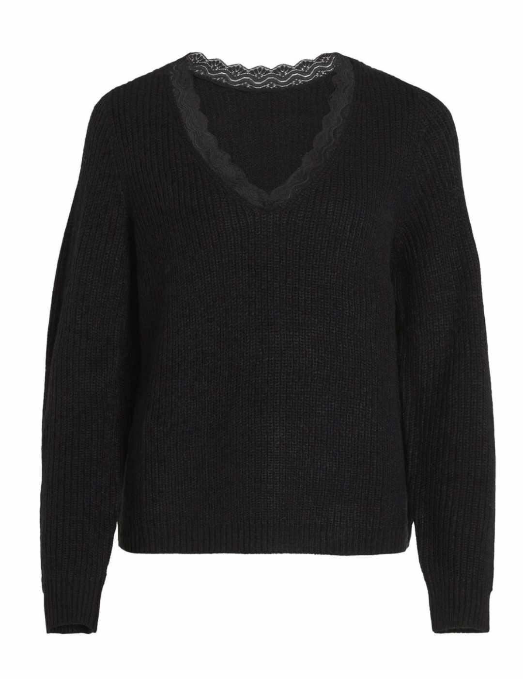 Jersey de punto Vila Lou negro cuello v puntilla para mujer